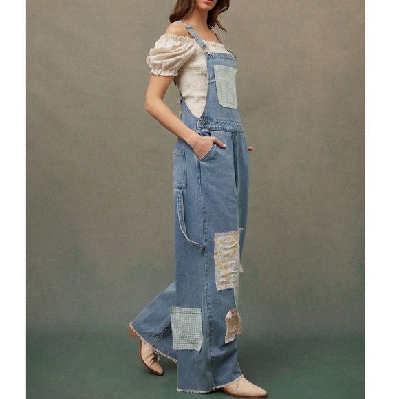 Boho Medium Wash Floral Plaid Straight Leg Overalls - Picture 4 of 5